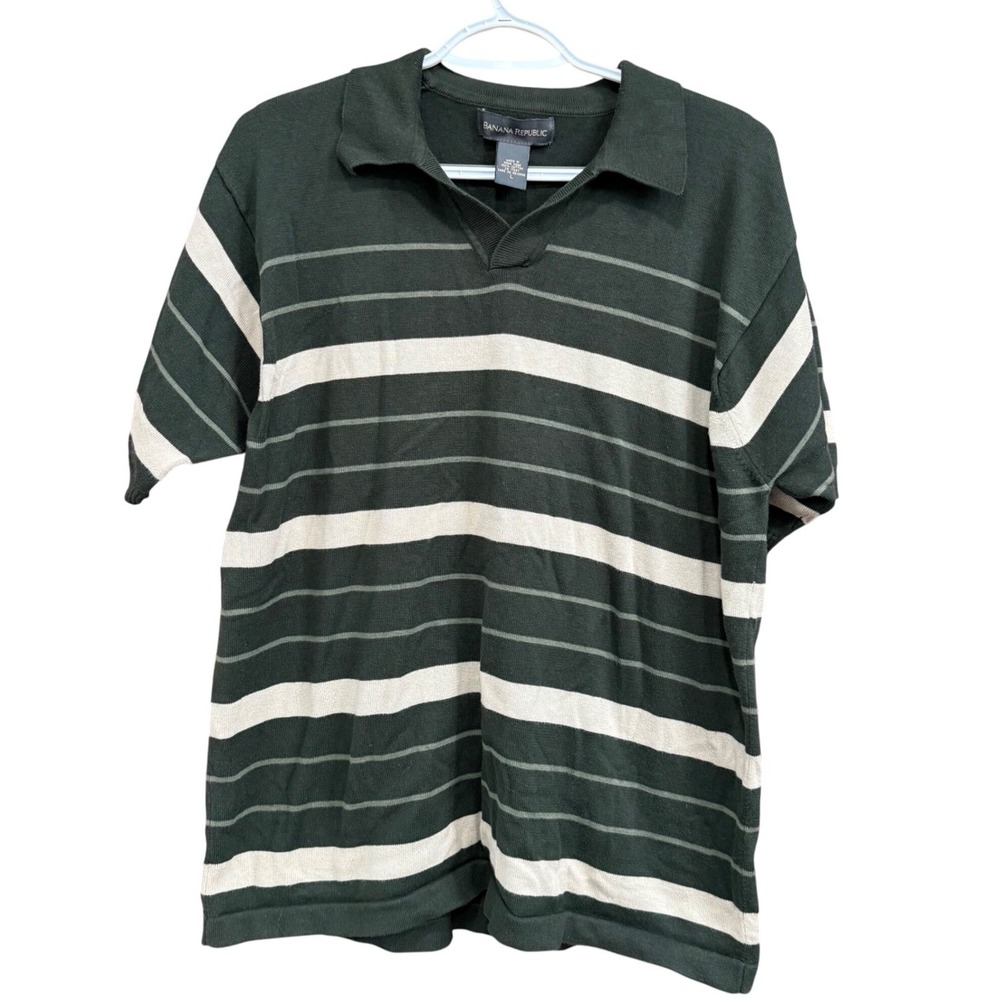 Banana Republic Mens Polo Shirt L Short‎ Sleeve Striped Cotton Green Casual Top